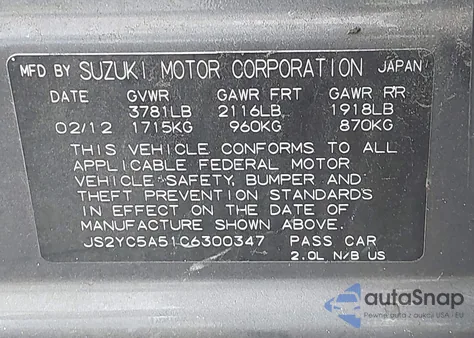 2012 Suzuki Sx4 Sport Se z USA, uszkodzony, nr VIN JS2YC5A51C6300347